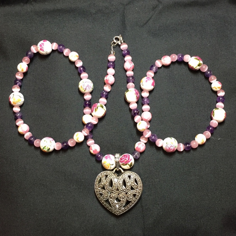 Handmade Pink Purple Stones Heart Pendant Necklace